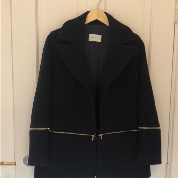 Sandro navy blue wool blend coat with zipper - Picture 8 of 13